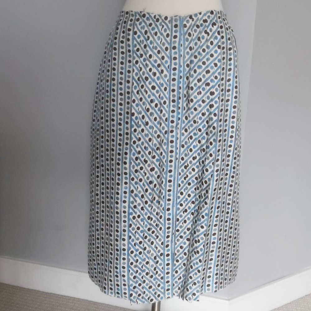 Prada Silk Polka Dot Logo Pencil Brown Blue White Raw hem Silk Midi Skirt Medium